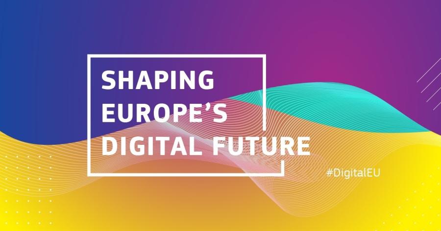 A graphic image reads "Shaping Europe's Digital Future" #DigitalEU against a purple, yellow and teal blue background. 