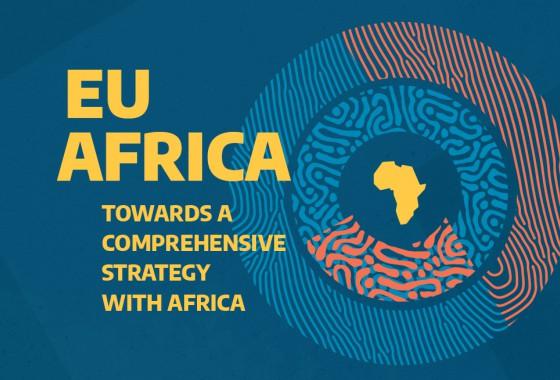 The text "EU-Africa: Towards a comprehensive strategy with Africa" appears against a blue background showing the silhouette of the African continent. 