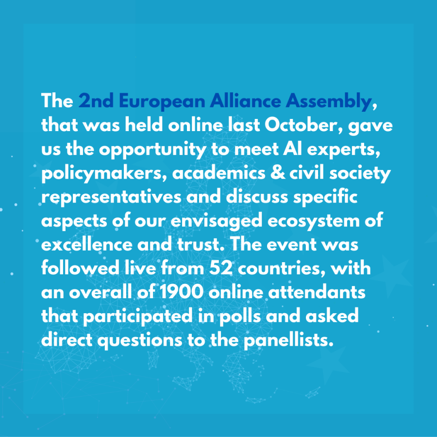The 2nd European Alliance Assembly, that was held online last October, gave us the opportunity to meet AI experts, policymakers, academics & civil society representatives and discuss specific aspects of our envisaged ecosystem of excellence and trust. The event was followed live from 52 countries, with an overall of 1900 online attendants that participated in polls and asked direct questions to the panellists.