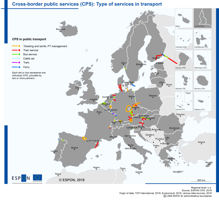 The map shows the location of cross-border public transport services at EU borders. It differentiates by modes of services, namely trains, buses, cable car, tram and ferry. It also shows where cross-border ticketing and tarrif services for public transport have been in place in 2018.