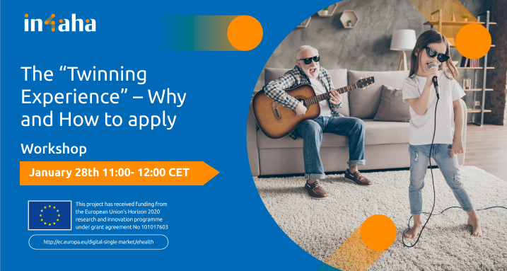 Blue background with the title of the workshop in white text and below that the time and date, + EU funding logo. On the right there is a photo of an elderly man playing guitar while sitting on the sofa and a child singing into a microphone while standing in front.