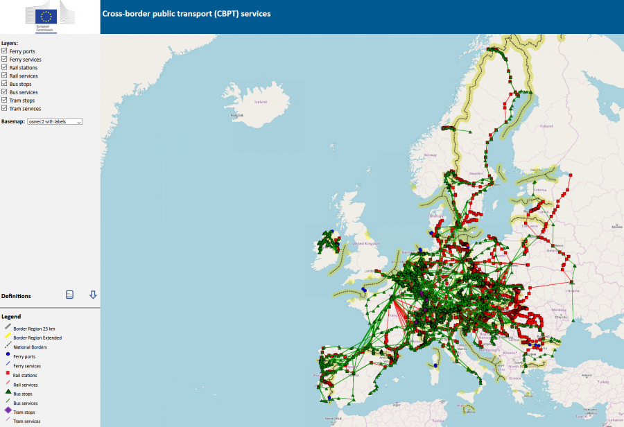 The image shows a screenshot of the study's webviewer. It depicts an overview of public transport services in border areas and the corresponding ferry ports, rail stations, bus and tram stops serving public transport in border areas.