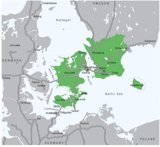Map of Denmark with green highlighting Oresund region 