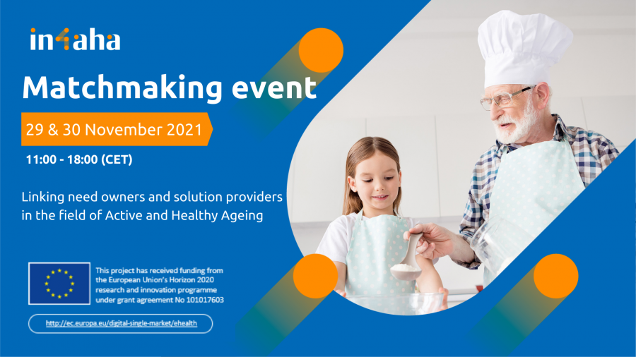 Graphic with a blue background and on the right a picture of an older man and a girl cooking together, on the left the words "matchmaking event" with the date and time, also includes EU Horizon2020 funding logo