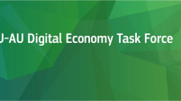 The text EU-AU Digital Economy Task Force appears over a green background showing the geography of Europea and Africa. The logos of the European Union in African Union appear on the lower right corner.