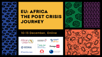 A banner reads EU:Africa The Post-Crisis Journey, 10-13 December Online, with the logos of the African Union, Team Europe,  Luxembourg Aid Development, Smart Africa, Estonia Cooperation, Irish Aid, Garage 48, Polish Aid, Ministry of Foreign Affairs Finland.