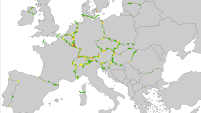 The image shows a map of the European borders and depicts the number of CBPT per border segment. It differentiates seven categories, one without any CBPT and six with different numbers of CBPT ranging from 1 to 10, 11 to 25, 26 to 50 etc. The category with the highest number ends at 213 CBPT.