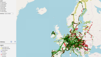 The image shows a screenshot of the study's webviewer. It depicts an overview of public transport services in border areas and the corresponding ferry ports, rail stations, bus and tram stops serving public transport in border areas.