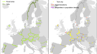The image consists of two maps. On the left, the map highlights all border segments characterised as either rural or sparsely populated. Basically all borders in the EU show either of these segments. The map on the right shows where twin cities or agglomerations are located in EU border areas and where there are high disparities in population density between both sides of a border. These demand specificities are less frequent than rural and sparsely populated border areas.
