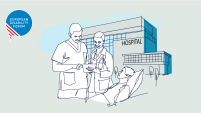 EDF logo, drawing of an hospital and a patient lying down and two medical professional 