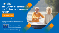 White text on blue background listing the title and time of the webinar, EU funding logo, and on the right a photo of an elderly man and woman in a rowing boat