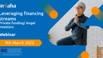 white text on blue background: title, date and time of the webinar, eu funding acknowledgement. On the right a visual of an older lady doing yoga in the shape of a 4