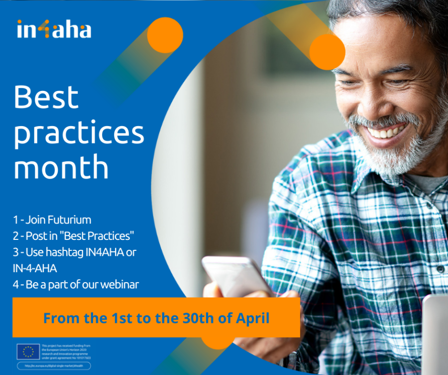 White text on blue background "best practices month" with brief steps on how to participate and on the right side a picture of an older man holding a smart phone