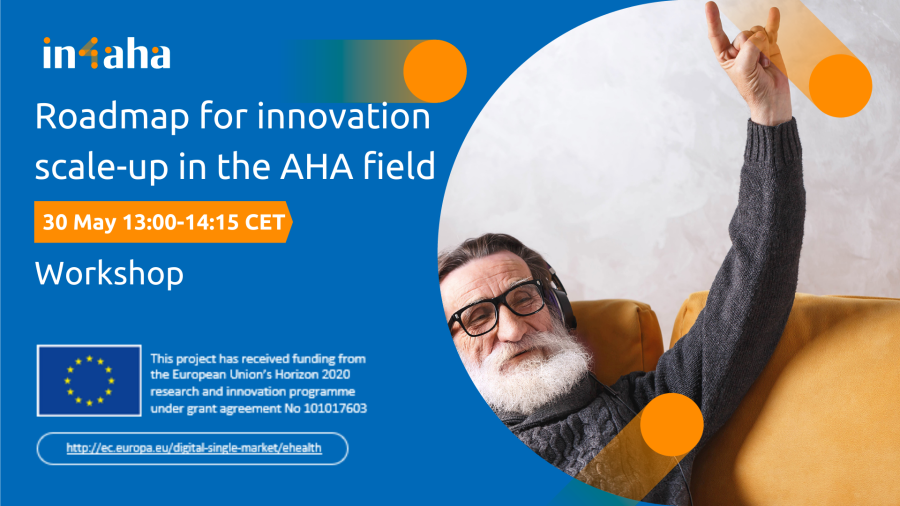 White text on a blue background describing title, date and time of the workshop and acknowledging EU funding under Horizon2020. On the right side is a photo of an older man with a white beard and headphones on, holding his arm up.