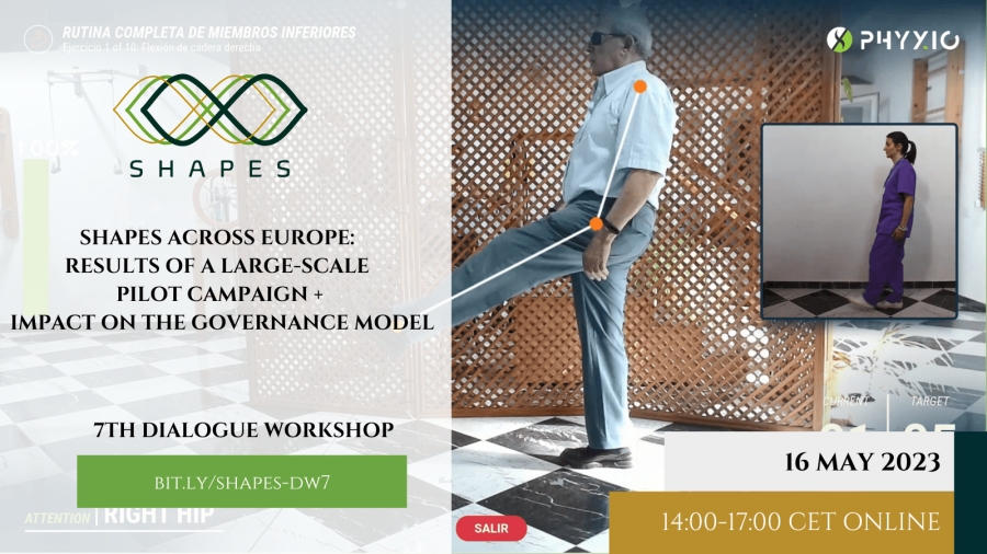Announcement visual for the 7th SHAPES dialogue workshop including the title, date and time. In the background you can see an older person doing physical exercise at home