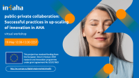 white text on blue background describing title date and time of the workshop and acknowledging EU funding. On the right side there is a photo of a lady with grey hair, eyes closed, in the shape of a 4