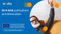 white text on a blue background stating "IN-4-AHA publications and deliverables" and acknowledgement of EU funding. On the right side is a photo of a man with a white beard listening to music on headphones with one arm in the air. 