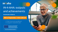 White text on blue background describing title, date, time, and content of the webinar and acknowledging EU funding under Horizon2020. On the right-hand side is a lady with white hair and glasses smiling at a smartphone in her hands.