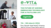 Banner promoting e-VITA Final Conference with five photos showing participants interacting with e-VITA robots.